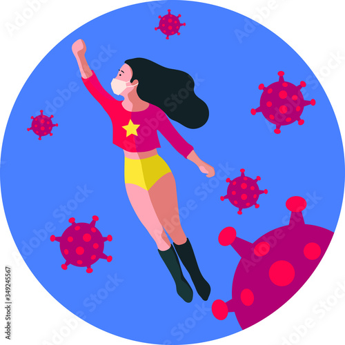 a young brown haired superwoman flying in the sky with hand stretched  above wearing antibacterial white mask against coronavirus molecules floating in the air around her - flat vector illustration