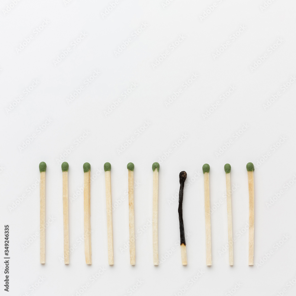 Copy-space one burned match. Outstanding, choice and difference concept. Being unique and individuality. Copy-space one burned match. Outstanding, choice and difference concept. Being unique and individuality.