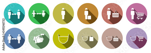 Covid-19 social distancing symbols colorful isolated on white background