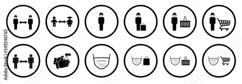 Covid-19 social distancing symbols isolated on white background