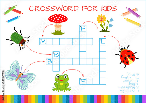 Mini-game: crossword for children. Learning English words. Set of funny characters: butterfly, bug, mushroom, flower, ladybug, frog. Vector illustration for kids.
