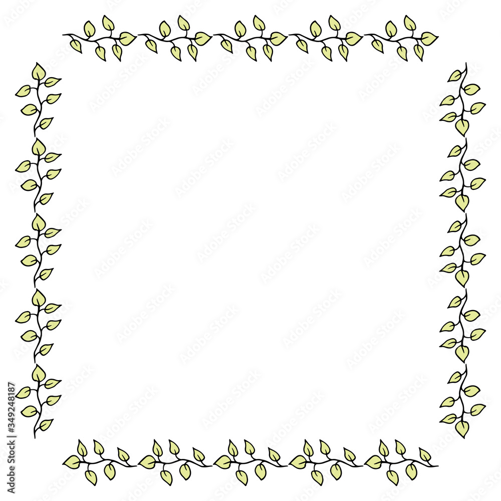 Fototapeta premium Square frame with green branches on white background. Vector image.