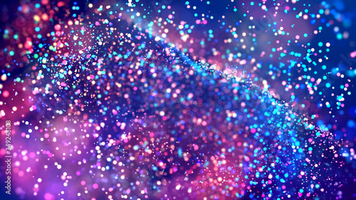 3d render of cloud of multicolored particles fly in air slowly or float in liquid like sparkles on dark blue background. Beautiful bokeh light effects with glowing particles.