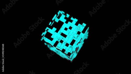 Blue Neon light cube Blockchain Network futuristic flying into digital technologic animation 3D rendering 
