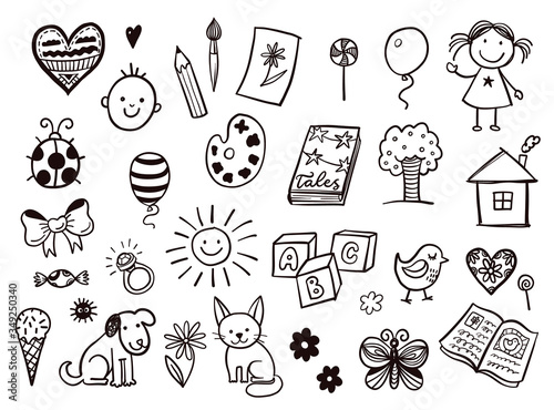 Happy kids doodle set with toys and tools, children drawings