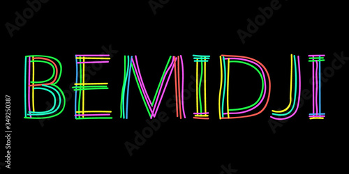 Bemidji - isolate doodle lettering inscription from multi-colored curved neon lines like from a felt-tip pen, pensil. For banner, flyer, card, souvenir, print, clothing. Bemidji - city and lake in USA