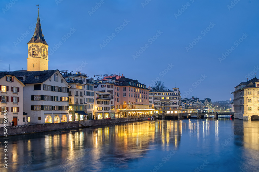 View of Zurich city center with famous historical houses and river Limmat, Canton of Zurich, Switzerland