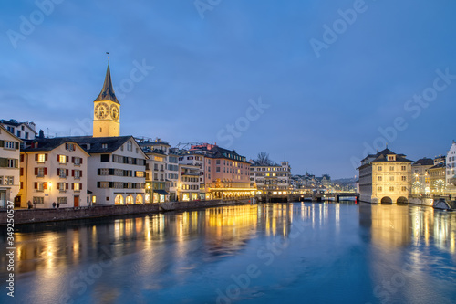 View of Zurich city center with famous historical houses and river Limmat  Canton of Zurich  Switzerland