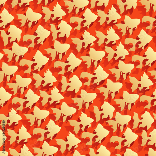 Seamless red abstract background with goldfish (gold fish) and shadows.