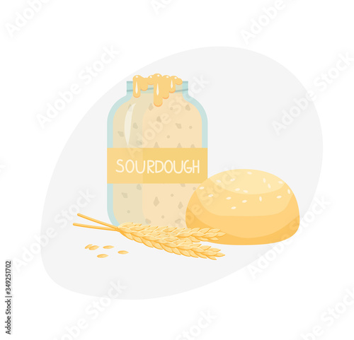 Sourdough composition. A mason jar with sourdough starter culture for bread. A wheat ears. Freshly baked loaf. Flat cartoon illustration on white isolated background. 