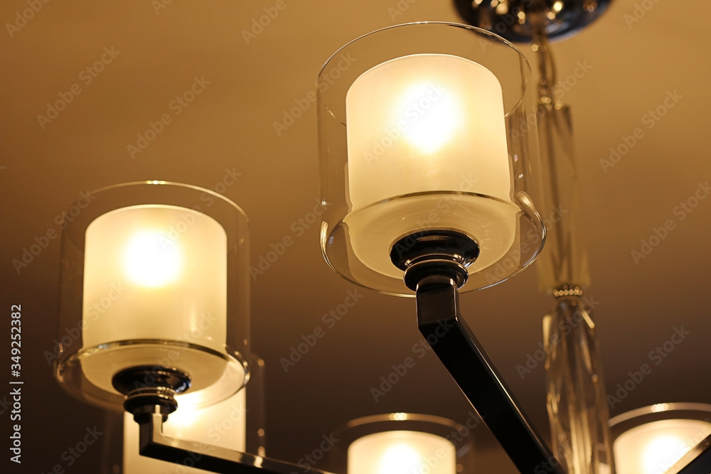 Close up detail of pendant chandelier, Beautiful ceiling lighting for interior design Close up detail of pendant chandelier, Beautiful ceiling lighting for interior design