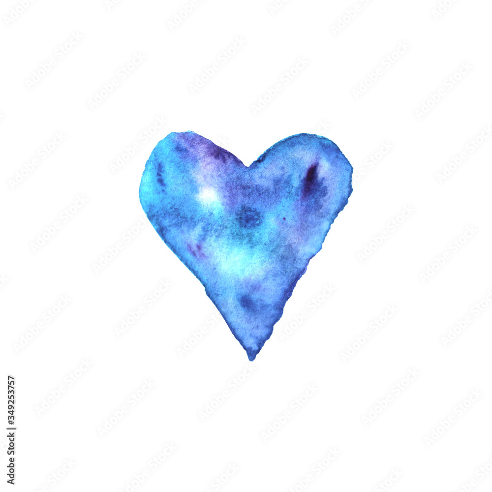 Watercolor big blue purple Heart love. Valentines day background texture. Hand drawn