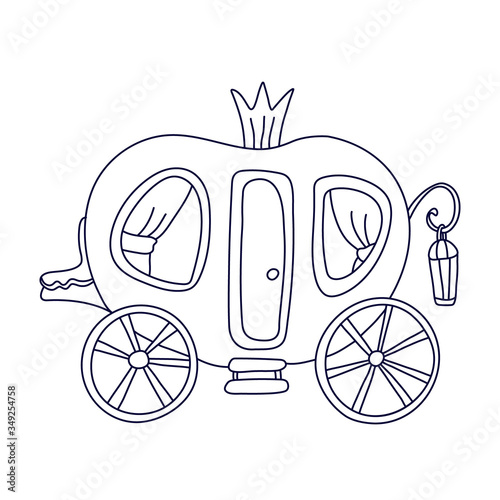 Fairy carriage for princess decorated with crown and curtains on the windows in doodle style. Hand drawn vector illustration in black ink isolated on white background. Great for coloring book. 