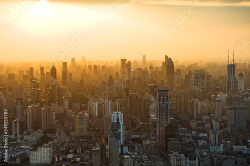 View of Shanghai and Huangpu District from the Jin Mao Tower at Sunset. Pudong, Shanghai, China