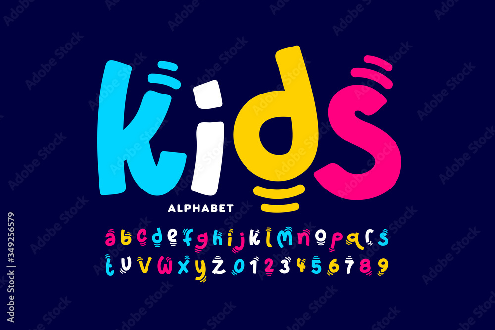 Kids style colorful font design, playful childish alphabet, letters and numbers - obrazy, fototapety, plakaty 