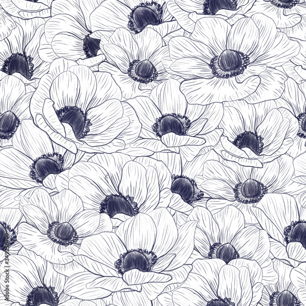 Pattern Dark Blue Line Flowers On White Background