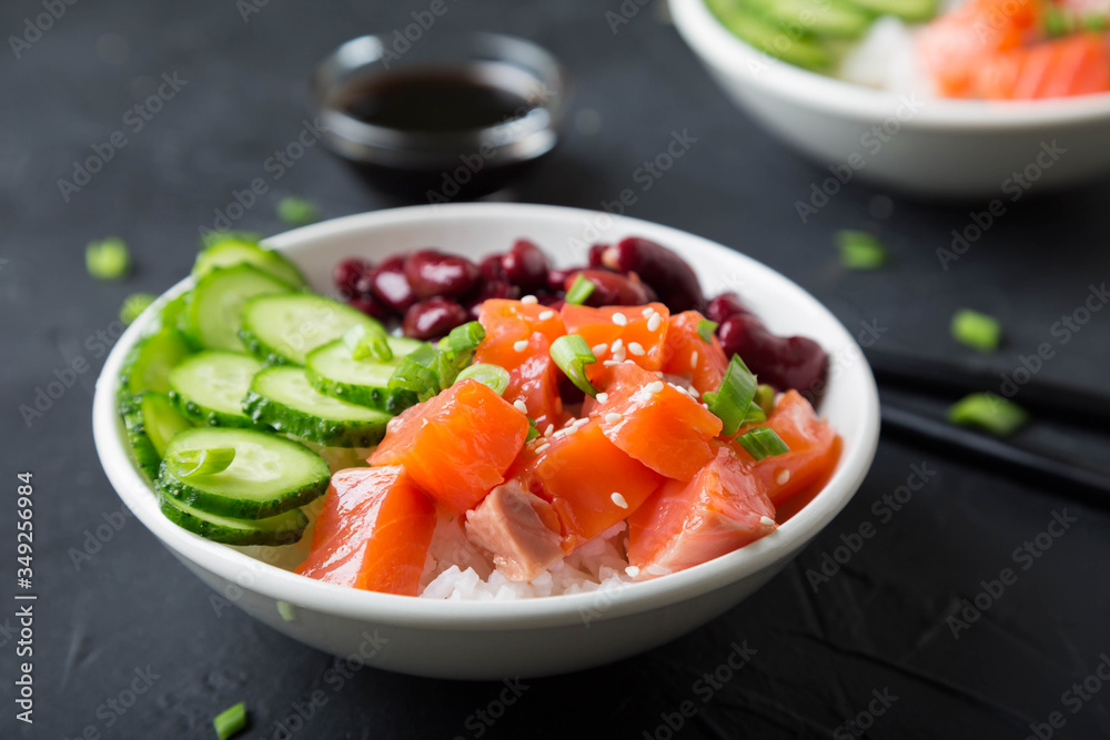 Poke Bowl. Salmon, beans, rice in a bowl Poke Bowl. Salmon, beans, rice in a bowl