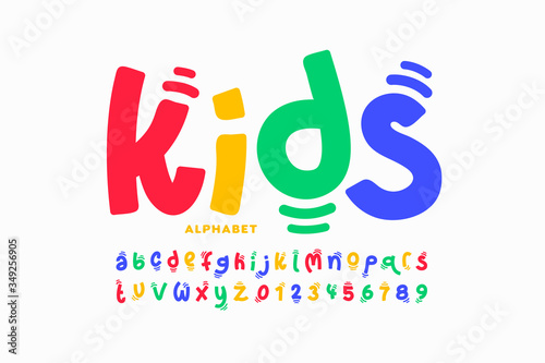 Kids style colorful font design, playful childish alphabet, letters and numbers