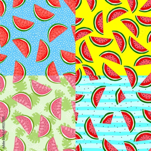 Set print of watermelon and seeds. Seamless pattern summer theme tropical backdrop fruit, berries and leaves. Perfect for textile manufacturing wallpaper posters. Print for clothes summer.