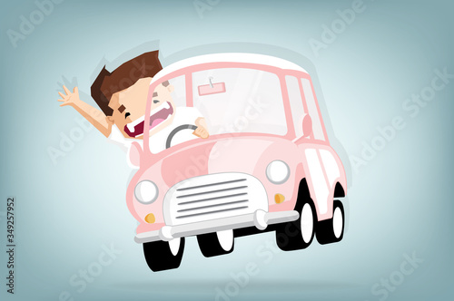 Cheerful boy put hands up and smile when drive car