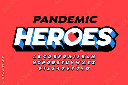Pandemic Heroes lettering in comic book Superhero style, font design alphabet letters and numbers
