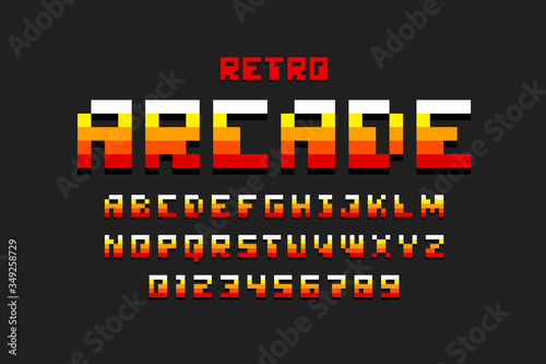 Pixel retro arcade game style font, 80s alphabet, letters and numbers