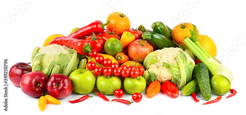 Set of fresh and healthy vegetables and fruits isolated on white