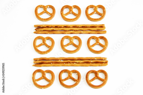 edible snack of dry bagels and sticks with a sprinkling of salt