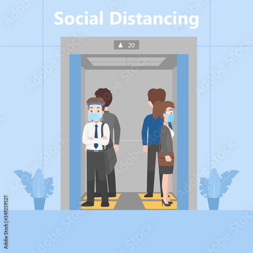 New normal life People in business outfits social distancing wearing a surgical protective Medical mask and face shield for prevent coronavirus standing in Elevator on footprint sign for stand in lift