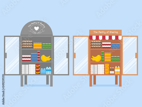Give hand Charity food collection for Sharing helping each other concept, Two Pantry of sharing campaign lack of Food due to Coronavirus crisis Donation food to other people in public cupboard.