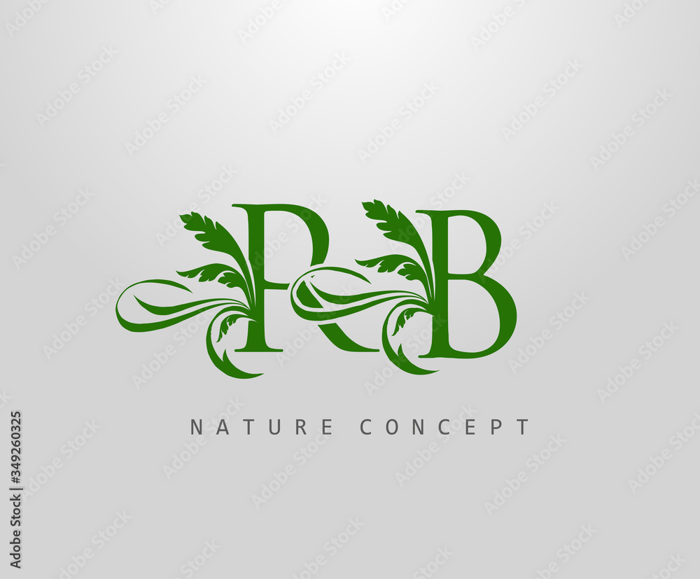 Fototapeta premium Letter R, B and RB Green Leaf Logo Design. monogram logo. Simple Swirl Green Leaves Alphabet Icon.