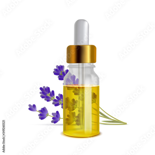 Lavender Oil Bottle with Flowers in Realistic Style