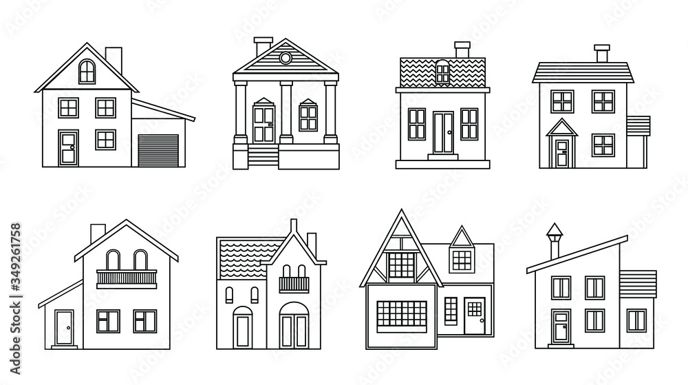 Set of houses, black outline home design collection, vector line art illustration exterior