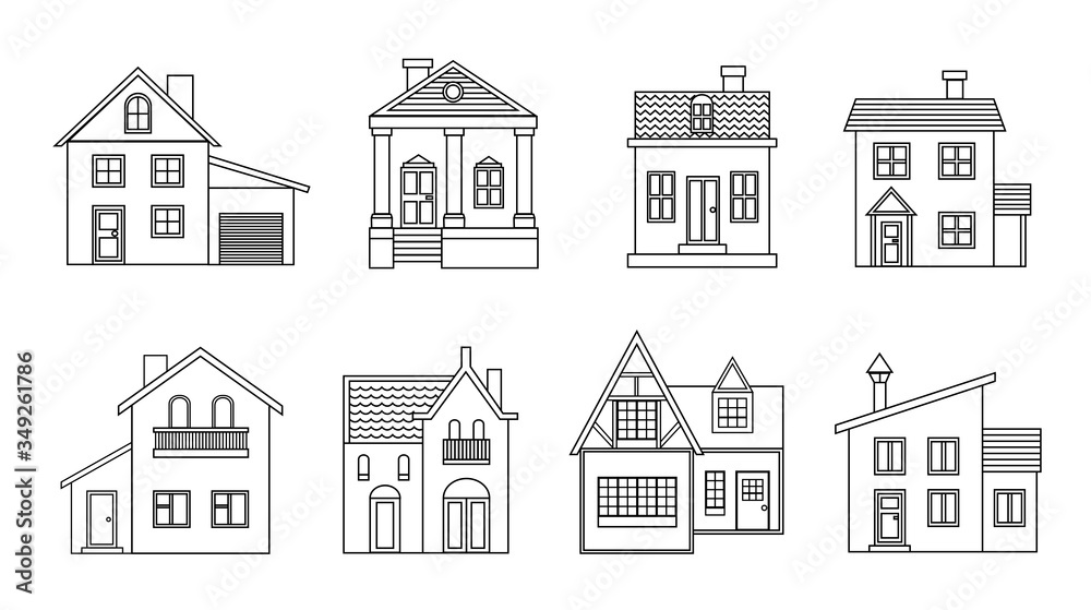Set of houses, black outline home design collection, line art illustration exterior