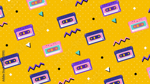 Repeat pattern of retro audio tape cassettes on yellow in diagonal lines, colored vector illustration