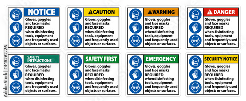 Gloves, Goggles, And Face Masks Required Sign On White Background,Vector Illustration EPS.10