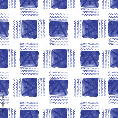 Vector seamless pattern ethnic indigo watercolor with blue square zig zag and white background.