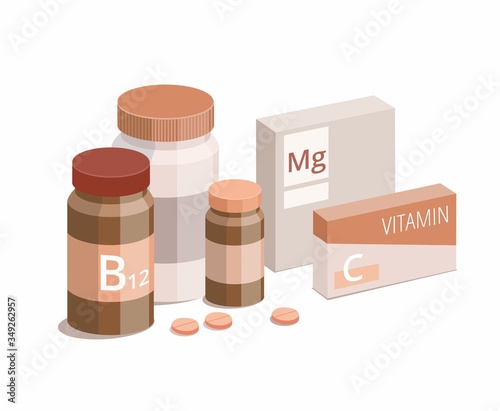 Vitamin bottles and medical pills on white background. 