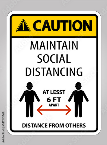 Caution Maintain Social Distancing At Least 6 Ft Sign On White Background,Vector Illustration EPS.10