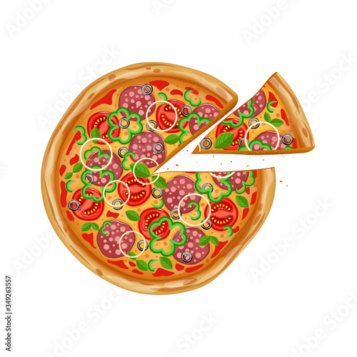 Pizza with different ingredients. Top view pizza. Fresh and juicy restornana pizza. Pizza with sliced slice.