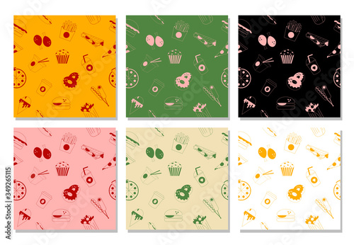 A set of colorful seamless fast food patterns . The pattern consists of a variety of fast food icons in the flat style. Bright patterns in different colors.