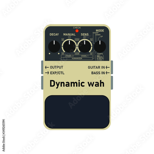 Gold vintage dynamic wah sound electric guitar stomp box effect with black knob knob and gold plate , graphic icon design. t-shirt artwork. Use in music business.