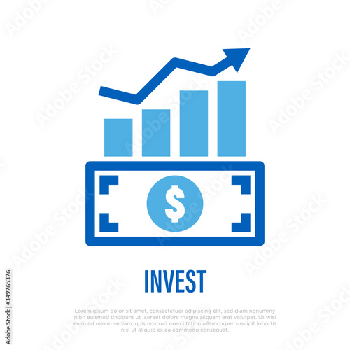 Investment thin line icon. Banknote and graph of growth. Profitable savings, retirement fund, profit. Thin line icon. Vector illustration.