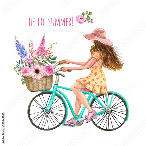 Girl is riding her mint green bicycle watercolor illustration. Summer beach b...