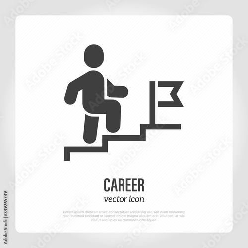 Career: man walking upstairs to the flag. Progress and achievement the goal. Thin line icon. Vector illustration.