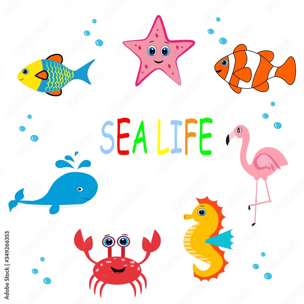 Obraz premium cute sea animals set.cartoon vector illustration. Marine life. 