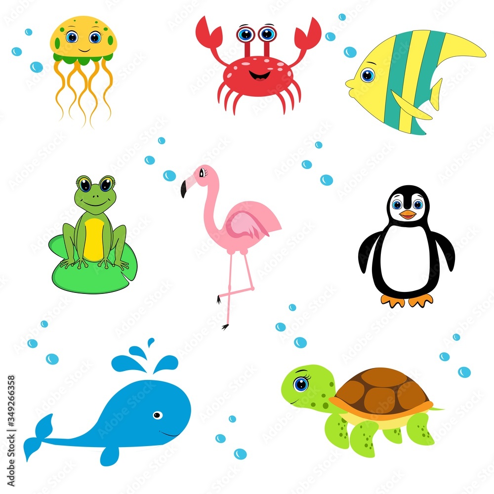 Obraz premium cute sea animals set.cartoon vector illustration. Marine life. 