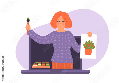 Online art workshop. Woman on laptop screen holding picture of plant and teaches to draw. Distance painting courses. Video of drawing master class. Art educational webinar.