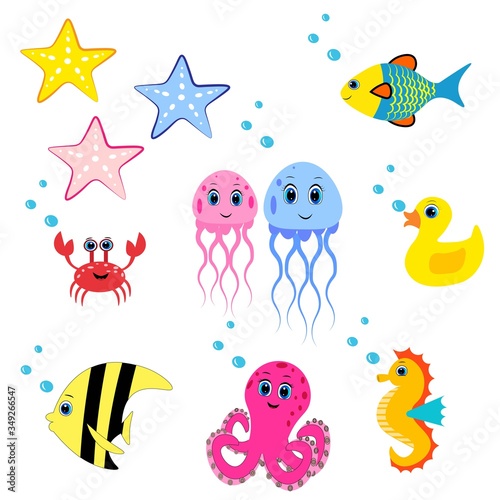 cute sea animals set.cartoon vector illustration. Marine life. 