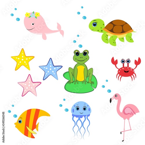 cute sea animals set.cartoon vector illustration. Marine life. 